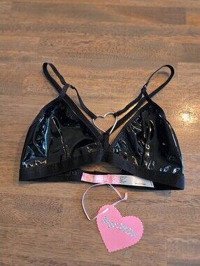 Black Faux Latex Bralette with Heart Ring Detail